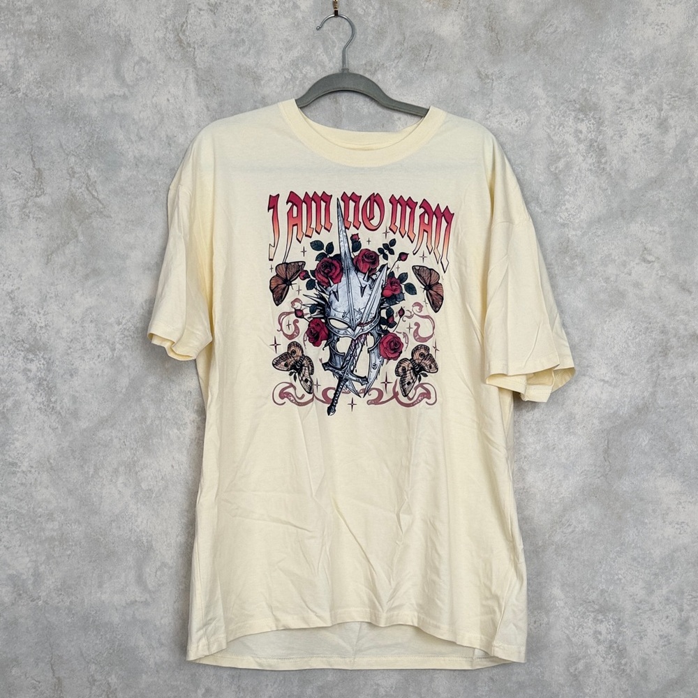 Lord Of The Rings: I Am No Man Graphic Tee - Cream Floral Skull Design